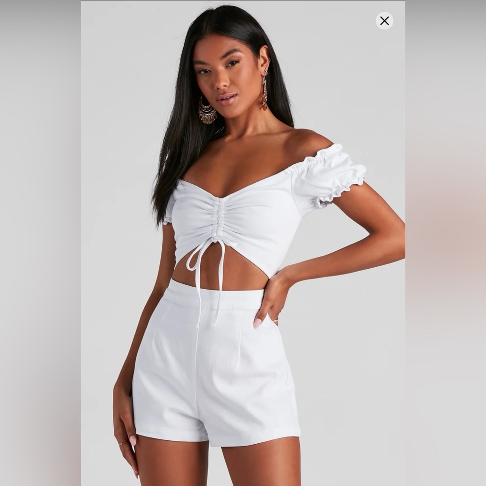 White Off-Shoulder Ruched Romper